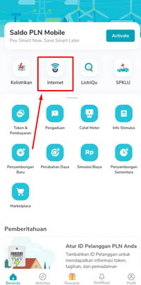 3. Jika sudah masuk ke halaman utama aplikasi PLN Mobile maka silahkan klik menu Internet.